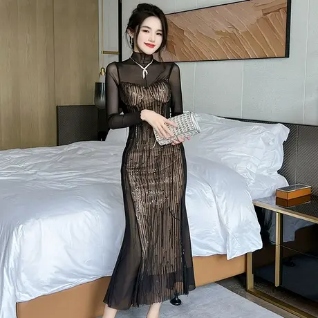 黑色网纱御姐风亮片连衣裙女装秋季2023新款修身鱼骨高领包臀长裙图片