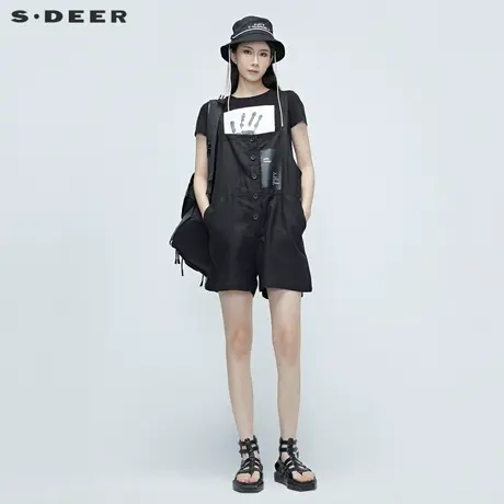 sdeer圣迪奥女装夏季黑色字母纽扣学院风透气亚麻背带裤S20280903商品大图