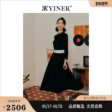 【1996系列】YINER音儿女装秋季优雅四面弹钉珠领小黑裙连衣裙图片
