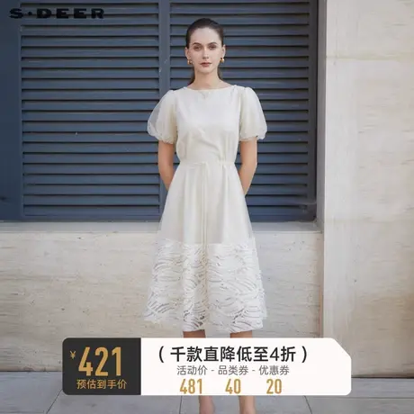 sdeer圣迪奥女装圆领收腰网纱泡泡袖连衣裙S232Z12EB图片