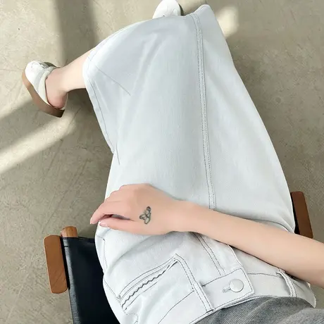 白色天丝棉开叉明线牛仔裙女夏季薄款显瘦高腰A字裙子中长半身裙图片