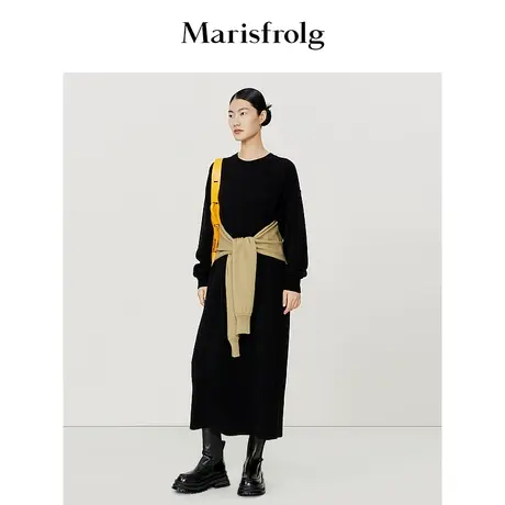 【商场同款】玛丝菲尔冬季新款假两件式黑色圆领羊毛针织连衣裙图片