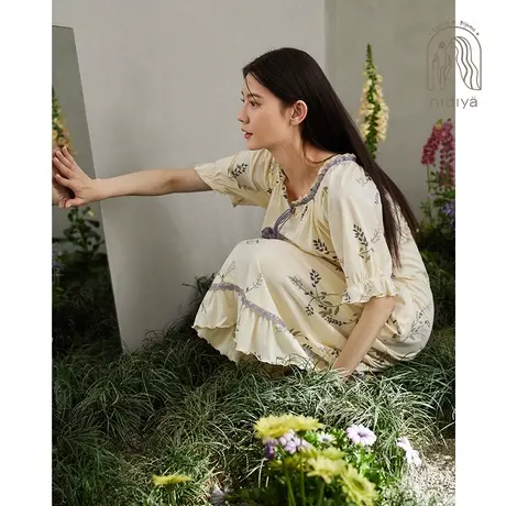 妮狄娅睡衣睡裙女夏季纯棉碎花中长裙清新田园风可外穿春夏家居服图片