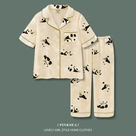 冰丝睡衣女夏季新款短袖长裤家居服大码高级感可爱熊猫春秋套装商品大图