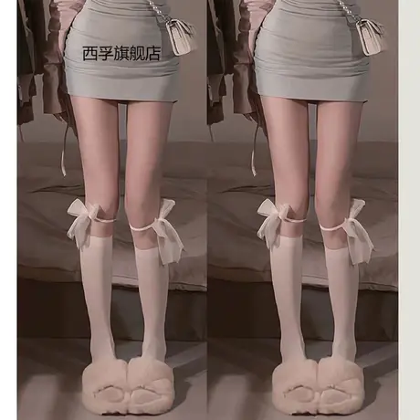 白色jk蕾丝袜拼接中筒袜子女春夏季薄款白丝袜蝴蝶结lolita小腿袜图片