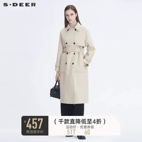 sdeer圣迪奥冬季休闲翻领双排扣收腰双面呢长款大衣女S20461818图片