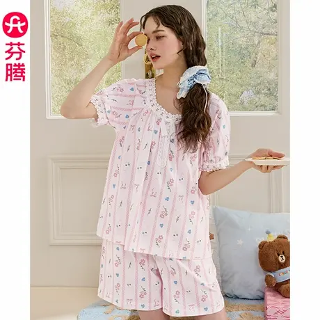 芬腾睡衣女士夏季纯棉短袖短裤薄款套装卡通布朗熊女款大码家居服图片
