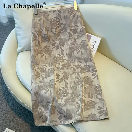 拉夏贝尔印花香槟色醋酸半身裙女夏薄款2025直筒a字开叉包臀裙图片