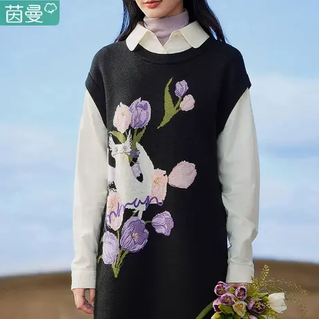 茵曼假两件衬衫针织连衣裙女2024春季新款气质长裙打底裙子毛衣裙图片