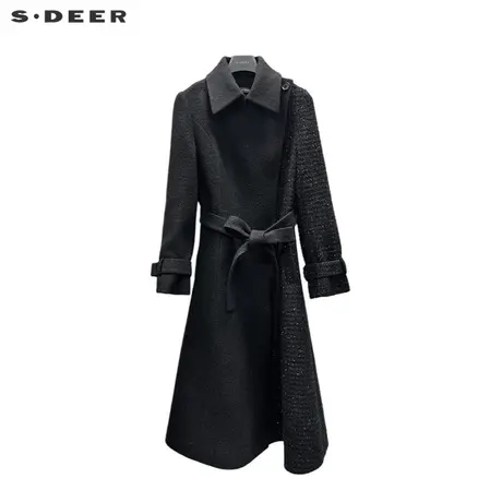 【直播间专属】sdeer圣迪奥翻领收腰拼接毛呢长款大衣S224Z2542图片