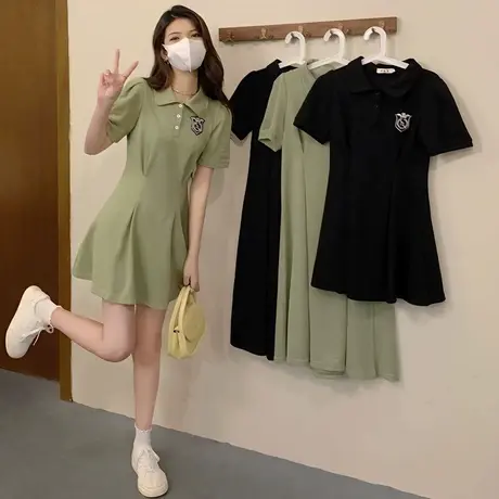 大码女夏装胖mm学院风polo领连衣裙女新款收腰显瘦短袖A字裙200斤商品大图