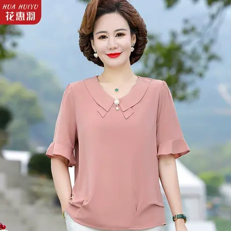 妈妈夏装洋气短袖T恤2023新款母亲节雪纺上衣服中老年女翻领小衫商品大图