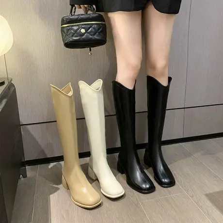 长筒靴女2023年秋冬季新款复古韩系洋气瘦瘦靴粗跟高跟v口骑士靴商品大图