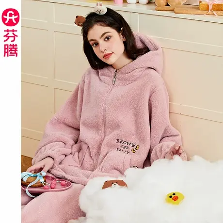 芬腾珊瑚绒睡衣女款秋冬季保暖加厚法兰绒抗静电布朗熊家居服套装图片