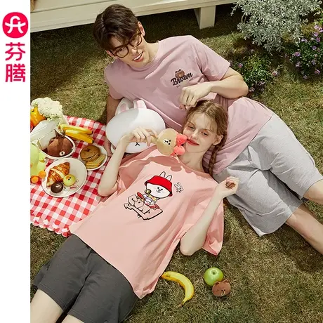 芬腾布朗熊情侣睡衣女夏季纯棉薄款透气卡通男士可外穿家居服套装图片