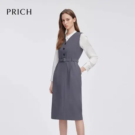 PRICH简约大方V领衬衫式连衣裙2025春季新款休闲通勤收腰长裙女图片