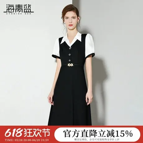 海青蓝 女装2025新款夏季高级设计感小众时尚气质撞色短袖连衣裙图片