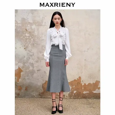 【奥莱】MAXRIENY复古黑白格纹鱼尾半裙早秋法式浪漫包臀裙子图片
