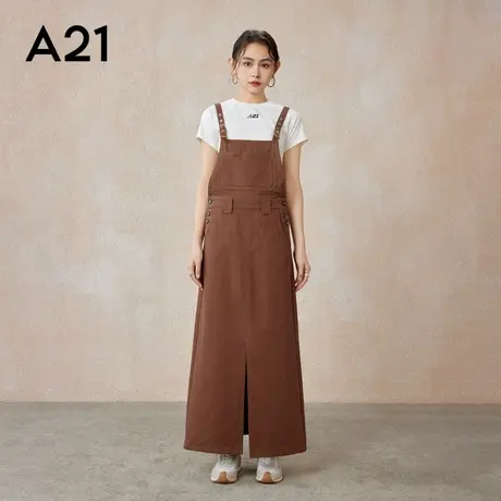 A21女装方领无袖连身背带裤子梭织连衣裙春夏季外搭潮牌纯色裙子图片