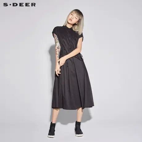 sdeer圣迪奥女装愫黑方领抽绳束腰休闲包袖连衣裙S18281231图片