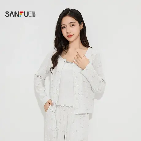 三福女秋季蝴蝶结针织提花三件套家居服 简约宽松套装女505997图片