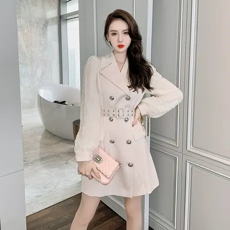 秋装2023年新款女小众亮片灯笼袖拼接收腰显瘦职业西装翻领连衣裙图片