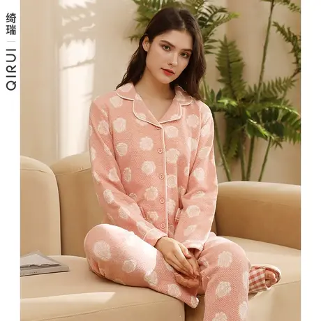 绮瑞冬季女士睡衣纯棉夹层薄夹棉套装女秋冬款加厚国风妈妈家居服图片