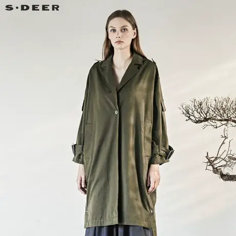 sdeer圣迪奥春装新款军绿下摆开衩飘带长款风衣外套S18381827图片