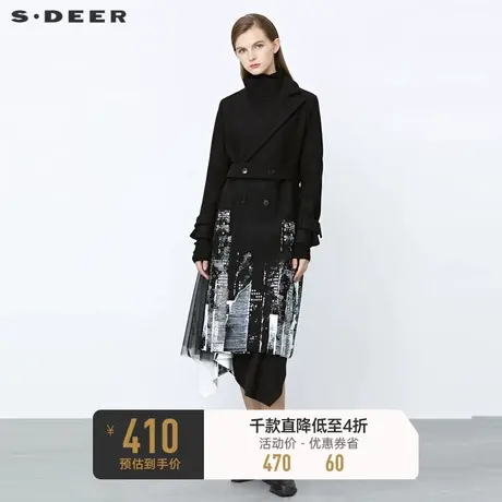 sdeer圣迪奥不规则双排扣收腰网纱印花毛呢大衣S21481819图片