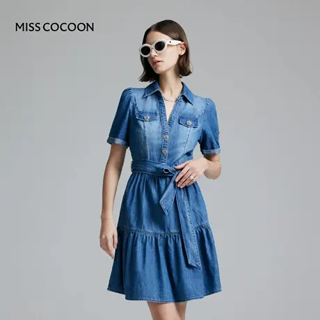 COCOON可可尼 商场同款夏季袖标钉珠设计蓝色伞摆抽褶连衣裙图片