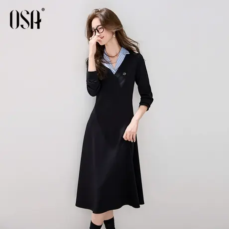 OSA欧莎假两件翻领长袖连衣裙女2025秋季新款高智风收腰显瘦长裙图片