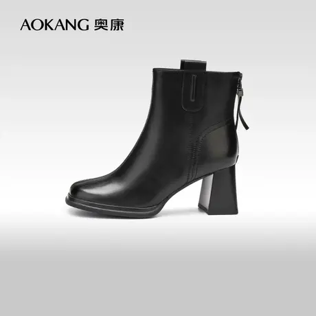 【门店发货】奥康女鞋 冬季新款黑色及踝靴粗高跟瘦瘦短靴商品大图