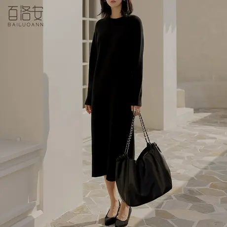 百洛安长款过膝大码针织连衣裙女秋冬新款慵懒风圆领长袖毛衣裙子图片