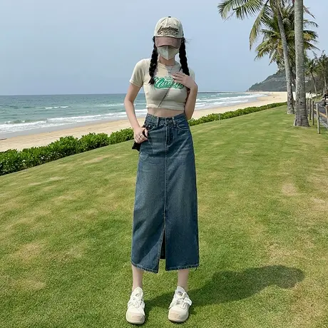 唐狮超柔纱软牛仔休闲半身裙女秋冬新款复古宽松百搭高腰包臀裙GT图片