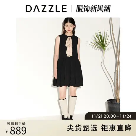 DAZZLE地素奥莱 春夏黑色小众气质丝带装饰A字无袖连衣裙女图片