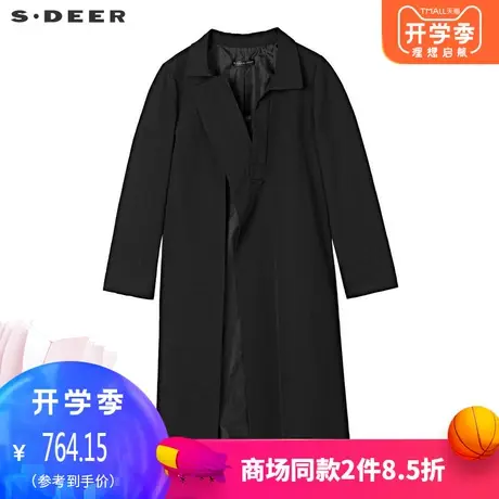 sdeer圣迪奥个性休闲翻领肌理褶皱创意裁剪纯黑风衣S19381851图片
