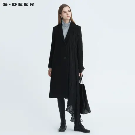 sdeer圣迪奥冬季女装西装领肌理拼接中长款黑色毛呢大衣S20481806图片