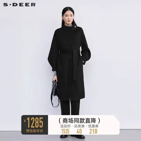 sdeer圣迪奥冬装女装立领收腰泡泡袖毛呢长款大衣S224Z2531图片