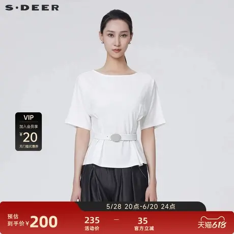 sdeer圣迪奥女装简约休闲圆领压褶宽松短袖T恤S24280108商品大图