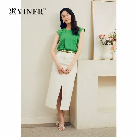 【博主同款】YINER音儿夏季亲肤纯棉开衩白色牛仔半身裙图片