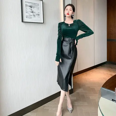 设计感小众假两件丝绒上衣PU皮裙子气质收腰开叉包臀连衣裙中长款图片