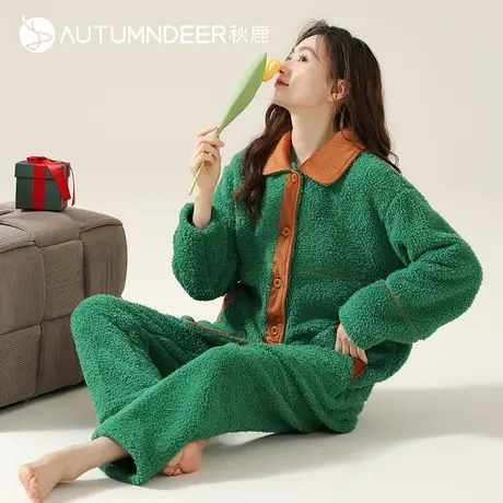 秋鹿珊瑚绒冬天睡衣女2025年新款米粒绒加厚开衫家居服可外穿女款图片