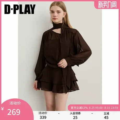 DPLAY2025年秋季新款咖黑色连衣裙女荷叶边泡泡袖雪纺裙子短裙图片