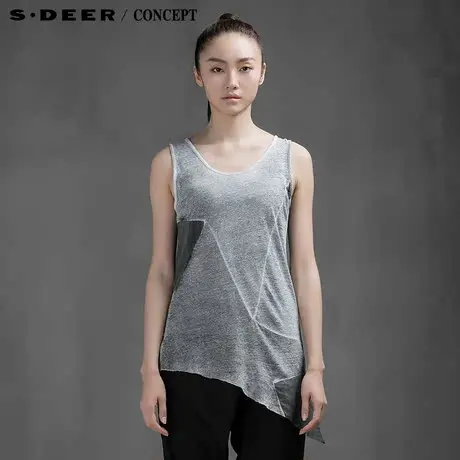 sdeer圣迪奥专柜正品女装夏灰调几何拼接撕边斜摆棉麻上衣5280366图片