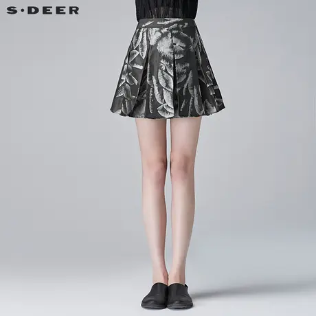 sdeer圣迪奥女2018夏装灰调抽象印花褶裥半身裙短裙S17281334图片