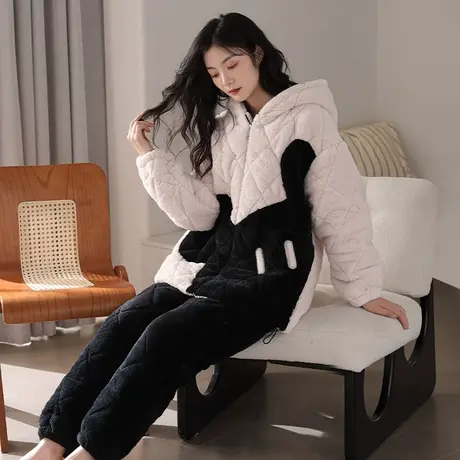 婷美连帽睡衣女士秋冬季加绒加厚珊瑚绒三层夹棉袄外穿家居服套装图片