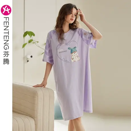 芬腾女士睡裙纯棉短袖夏季薄款睡衣裙休闲甜美少女全棉家居服中裙商品大图