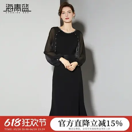 海青蓝钉珠黑色连衣裙女2025春装新款端庄优雅通勤时尚气质中长裙图片
