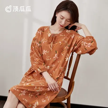 顶瓜瓜2022新款睡裙女灯笼袖浪漫印花小清新纯棉夏季家居裙女商品大图
