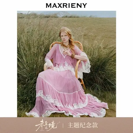 【艺术系流浪】MAXRIENY法式慵懒感v领长袖长裙宫廷复古连衣裙秋图片